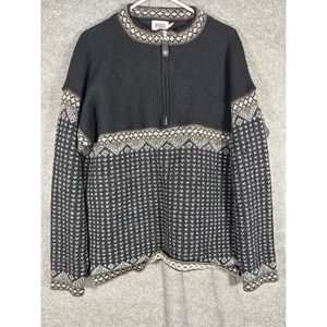 EIR Vintage 100% Wool Nordic Fair Isle Quarter Zip Sweater Black Brown Mens LG